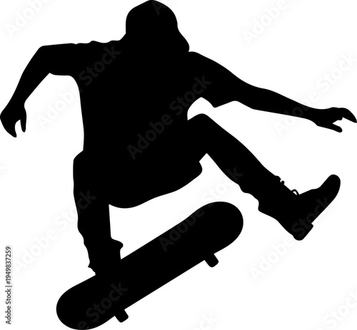 Black Silhouette of a Skateboarder Performing a Jump Trick Mid-Air Action Sport Vector Graphic