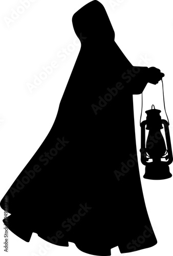 Black Silhouette of a Mysterious Person in a Hooded Cloak Carrying a Lantern Isolated on White Background