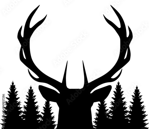 Black Silhouette of Deer Head with Antlers and Pine Forest Landscape
