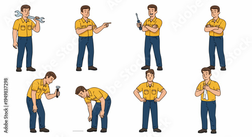 Collection of cartoon illustrations of a male mechanic in various poses and holding professional tools like a wrench, screwdriver, and hammer.