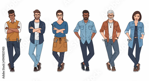 Diverse Team of Professional Hair Stylists and Barbers Standing Together in a Row Vector Illustration