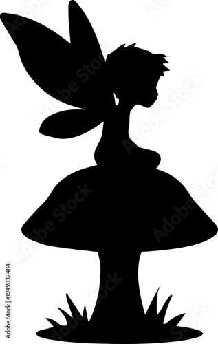 Black Silhouette of a Fairy Sitting on a Mushroom Fantasy Vector Illustration Isolated on White