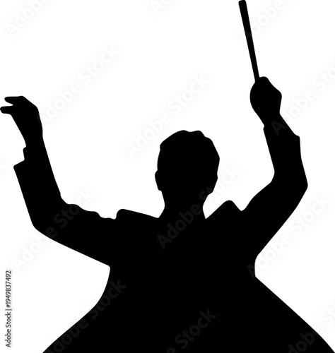 Black Silhouette of an Orchestra Conductor Directing with a Baton Isolated on White Background