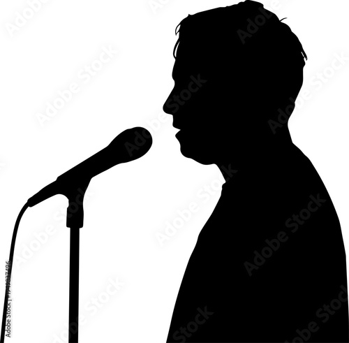 Black Silhouette of a Man Singing or Speaking into a Microphone on a Stand Profile View Vector Illustration