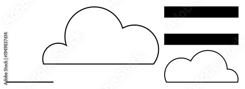 Bold black cloud outlines paired with horizontal bars and a horizontal line. Ideal for weather, internet, connection, cloud computing, abstract design, simplicity, creative concepts. A simple flat