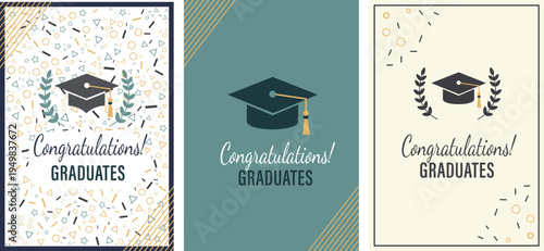 Three colorful graduation cards with confetti and laurel wreaths on various backgrounds