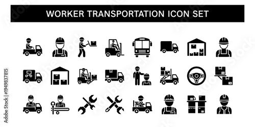 This professional and minimalist icon set provides detailed illustrations for worker transportation, logistics, and industrial business operations, perfect for website design and apps.