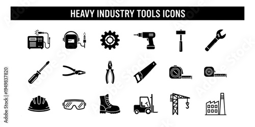 A comprehensive set of minimalist informative icons representing heavy industry tools construction and manufacturing equipment on a clean white background.