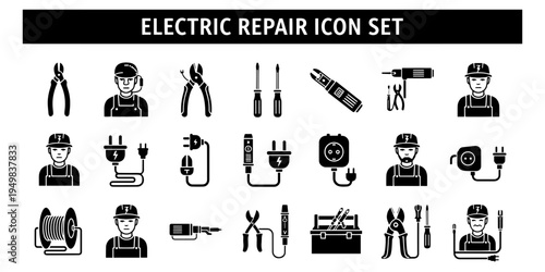 A collection of minimalist and professional icons for electric repair services and maintenance featuring tools and equipment