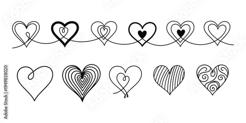 Collection of 10 unique hand drawn heart designs with various patterns and line art styles on a white background