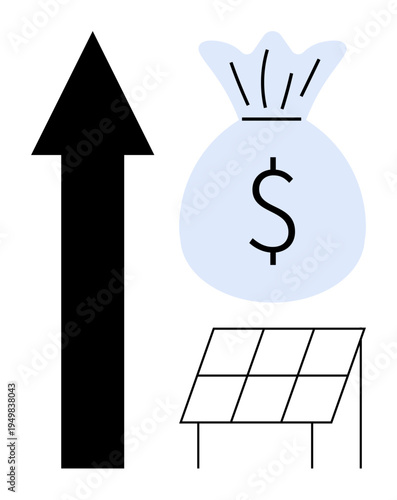 Clean energy, sustainability, financial growth, investment, environment, economy. Arrow, money bag solar panel. Clean energy and financial growth concepts for sustainability and investment
