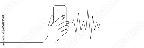 Continuous one line drawing of hand holding a smartphone with a digital sound wave pulse. Editable stroke outline. Draw thin linear width. Single contour art. Doodle hand drawn vector illustration