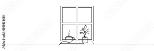 Minimalist continuous one line drawing of a window with coffee cup and plant on sill. Editable stroke outline. Draw thin linear width. Single contour art. Doodle hand drawn vector illustration