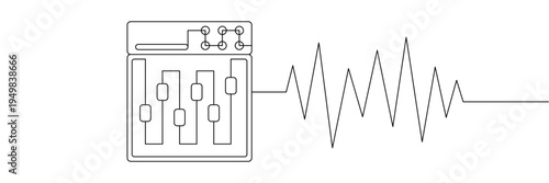 Continuous one line drawing of an audio mixing console with sound wave frequency signal. Editable stroke outline. Draw thin linear width. Single contour art. Doodle hand drawn vector illustration