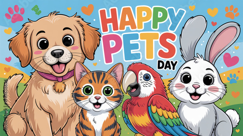 Colorful cartoon animals celebrate happy pets day with dog cat parrot and rabbit in a field