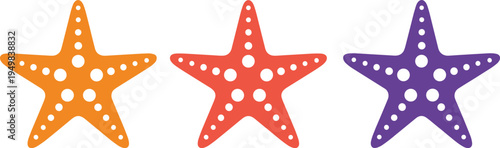 Colorful Starfish Vector Illustration Set featuring Orange, Red, and Purple Sea Stars with Polka Dot Texture for Summer Marine Nautical Designs.