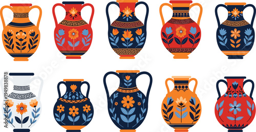 Greek Amphora Vector Set Featuring Antique Pottery Vases with Mediterranean Floral Patterns Ancient Culture Illustration for Decorative Home Ornament Design