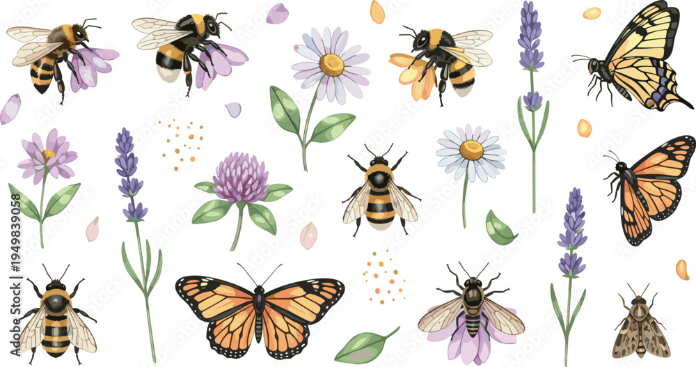Fototapeta premium Hand drawn bees butterflies and wildflowers collection with lavender daisy clover botanical elements isolated decorative nature vector illustration set