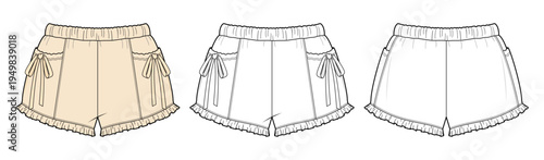 Women’s Ruched Drawstring Pocket Lounge Shorts Technical Fashion Illustration. Elastic Waist Pajama Shorts with Ribbon Tie Detail and Ruffle Hem Vector Template. Front and Back View CAD Mockup.