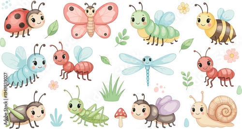 Cute cartoon insects collection with butterfly bee ladybug dragonfly ant snail and grasshopper colorful kids style vector illustration set