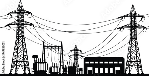 Industrial Electrical Substation Silhouette with Power Pylons, High Voltage Transformers, Transmission Lines, Energy Generation Plant, and Infrastructure Vector Illustration.