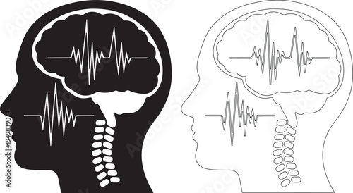 Human head profile graphic showing brain activity waveform with brain and spinal cord, black and white isolated PNG with Transparent Background