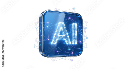 3D glossy blue AI artificial intelligence network icon isolated on transparent background