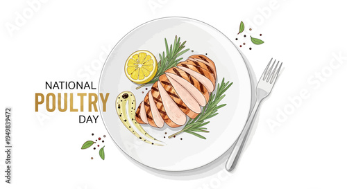 Illustration of grilled chicken breast on a plate with lemon and herbs for National Poultry Day, a poultry farming concept with vector design elements.