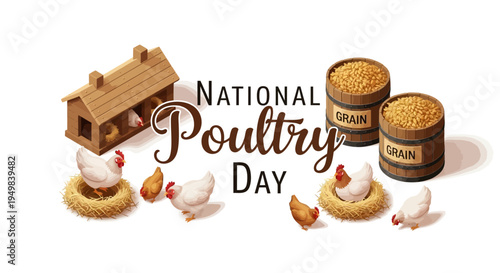 Illustration of chickens and farm supplies celebrating National Poultry Day with a rustic, earthy tone and vector graphics on a clean white background.
