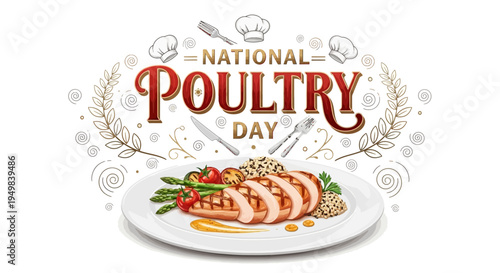 Vector illustration of a plate of roasted chicken with herbs and vegetables on National Poultry Day, with a design celebrating poultry farming and meat production.