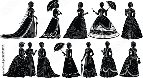 Victorian Era Women Silhouette Collection Featuring Elegant Vintage Gowns Antique Fashion Dresses Parasols And Accessories For Retro Historical Graphic Design