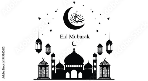 An eid mubarak greeting featuring a mosque and crescent moon in a stark silhouette high quality