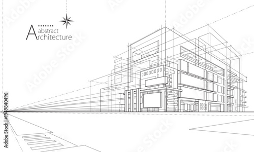 3D illustration abstract urban building out-line drawing of imagination architecture building construction design.