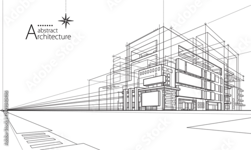 Obraz 3D illustration abstract urban building out-line drawing of imagination architecture building construction design.