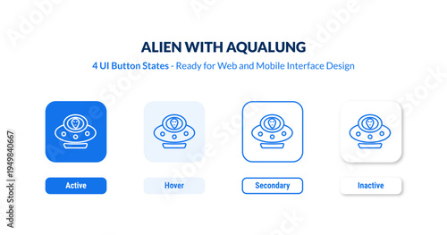 alien with aqualung UI button states set. Outline icon kit from astronomy collection. Thin linear alien with aqualung, space, science editable vector. Line vector alien with aqualung sign