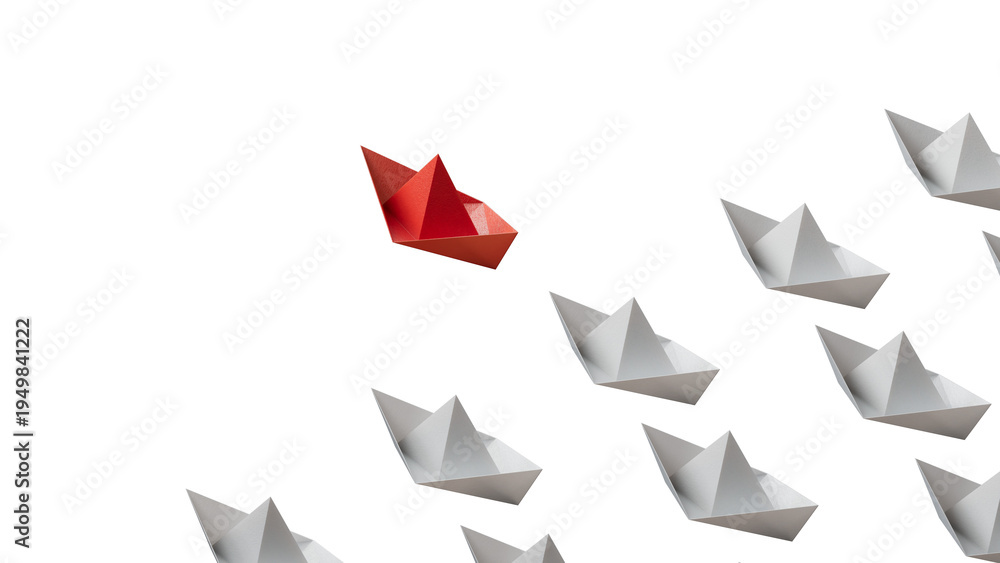 Obraz premium Different business concept.new ideas. paper art style. creative idea.Leadership concept with red paper ship leading among white.Supports PNG files with transparent backgrounds.