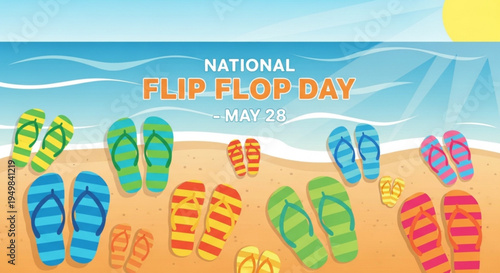 National flip flop day celebration on a sunny beach with colorful flip flops