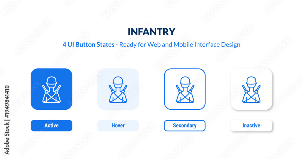 Naklejka premium infantry UI button states set. Outline icon kit from army and war collection. Thin linear infantry, weapon, military editable vector. Line vector infantry sign for web and mobile interface