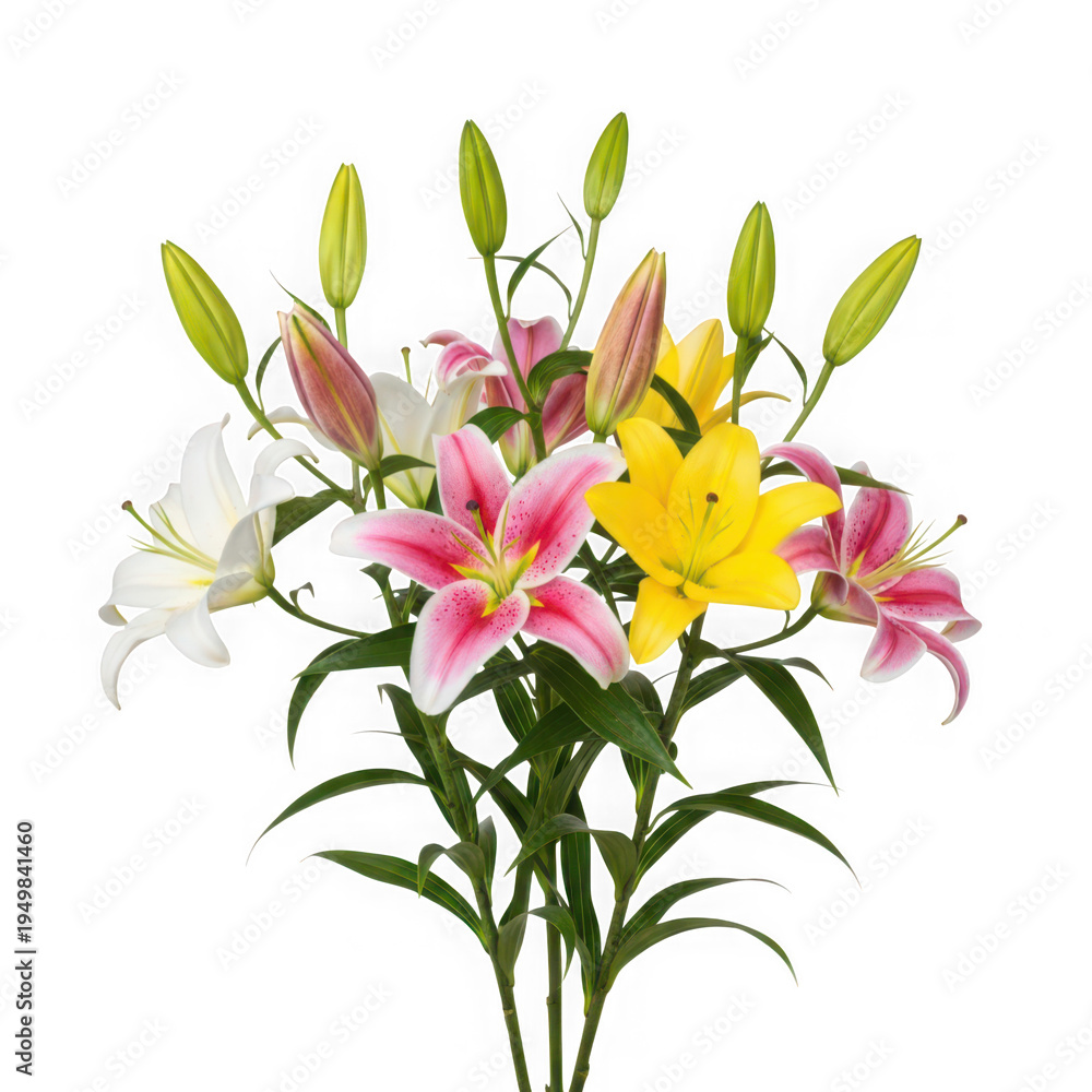 Fototapeta premium A vibrant bouquet of lilies featuring white, yellow, and orange flowers isolated on white background