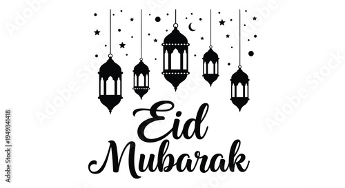 Elegant eid mubarak greeting with ornate lanterns and celestial elements a striking silhouette high quality professional