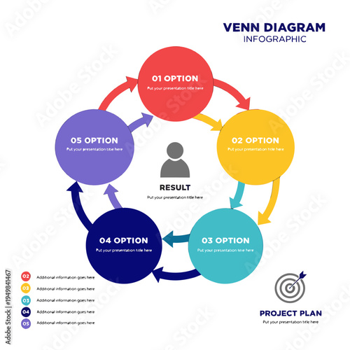 5 Steps Business Infographic Template with Circular Process Flow and Central Result Icon.