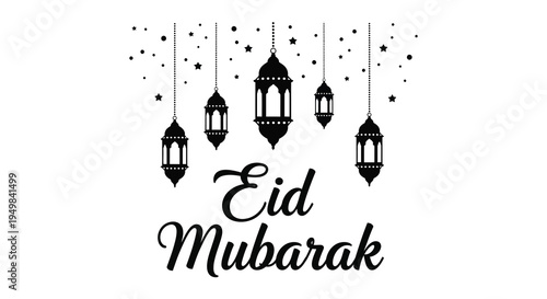 Elegant eid mubarak greeting featuring ornate lanterns and twinkling stars a beautiful silhouette high quality professional