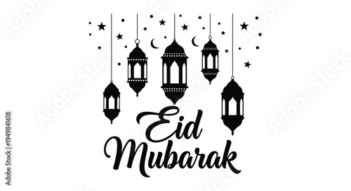 Festive eid mubarak greeting with ornate lanterns and celestial elements a striking silhouette high quality professional