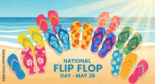 Colorful flip flops on a sunny beach for national flip flop day on may 28 with ocean background