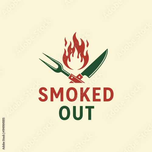 Smoked Out logo featuring a fork, knife, and flames, perfect for barbecue restaurants.