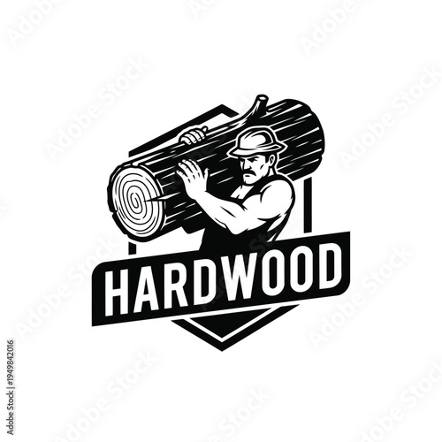 Strong lumberjack carrying a massive hardwood log with determined expression, ready for work.