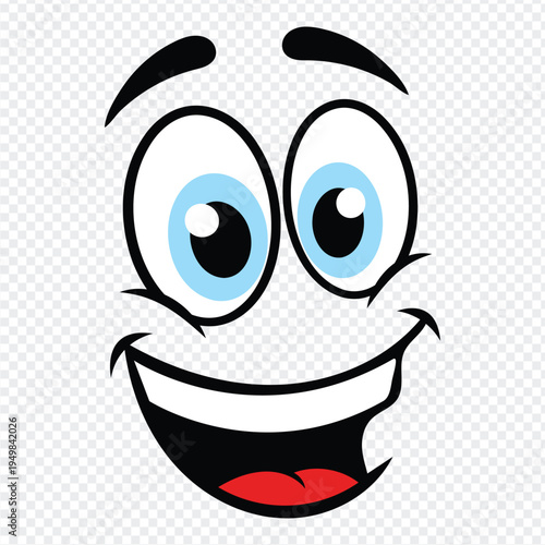 A cartoon face with large blue eyes a wide open smiling mouth and expressive eyebrows isolated on transparent background