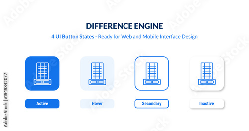 difference engine UI button states set. Outline icon kit from artificial intellegence and future technology collection. Thin linear difference engine, business, technology editable vector.