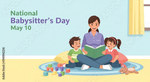 Woman reading to two children on national babysitter's day may 10 in a colorful room with toys and a teddy bear