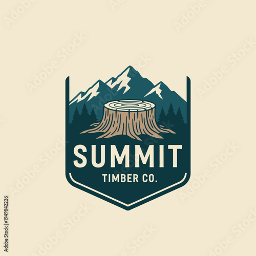 Summit Timber Co. logo featuring mountains, tree stump, and forest elements.